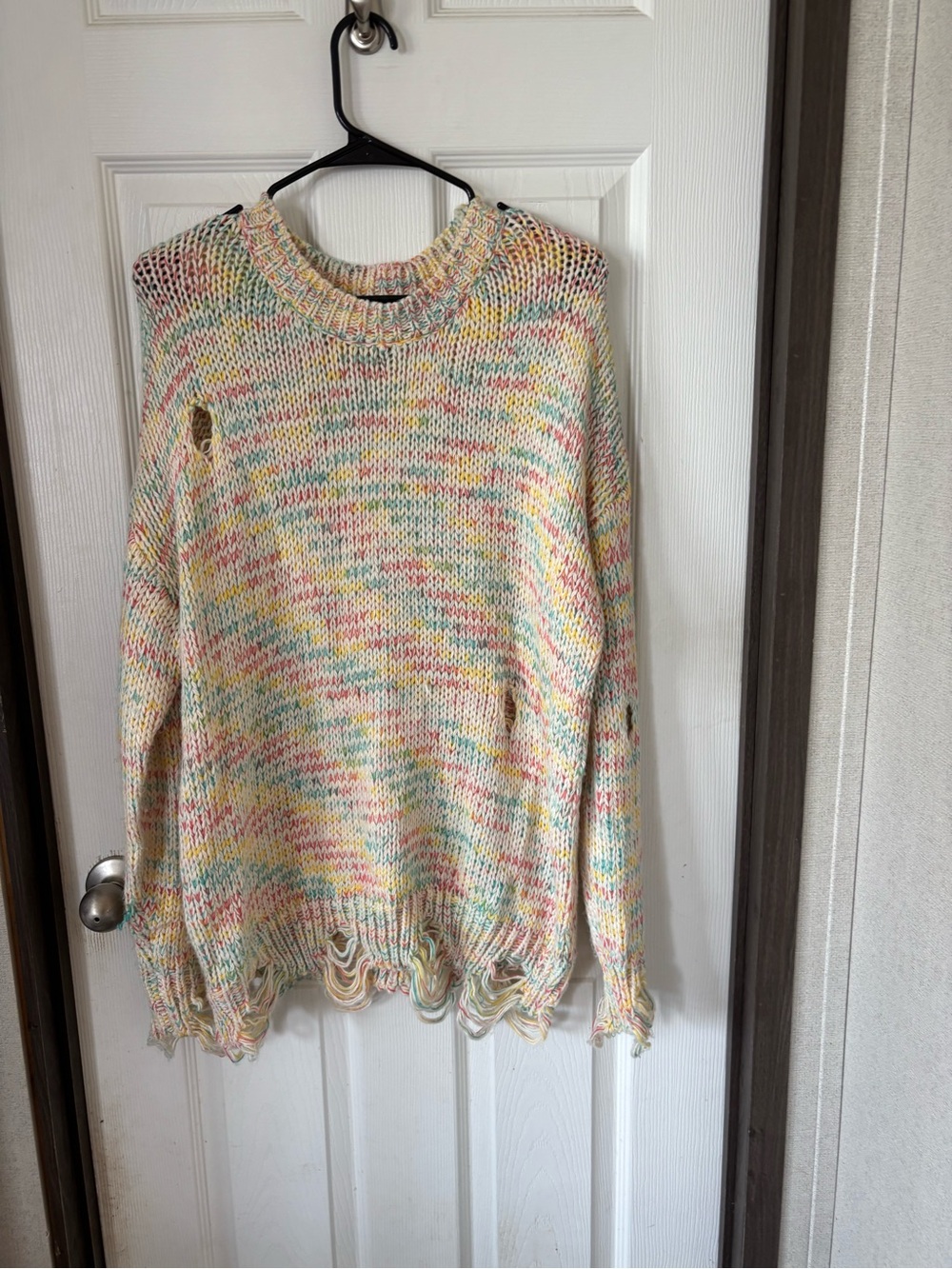 Multicolor Distressed Crewneck Sweater - Soft Pastel Knit